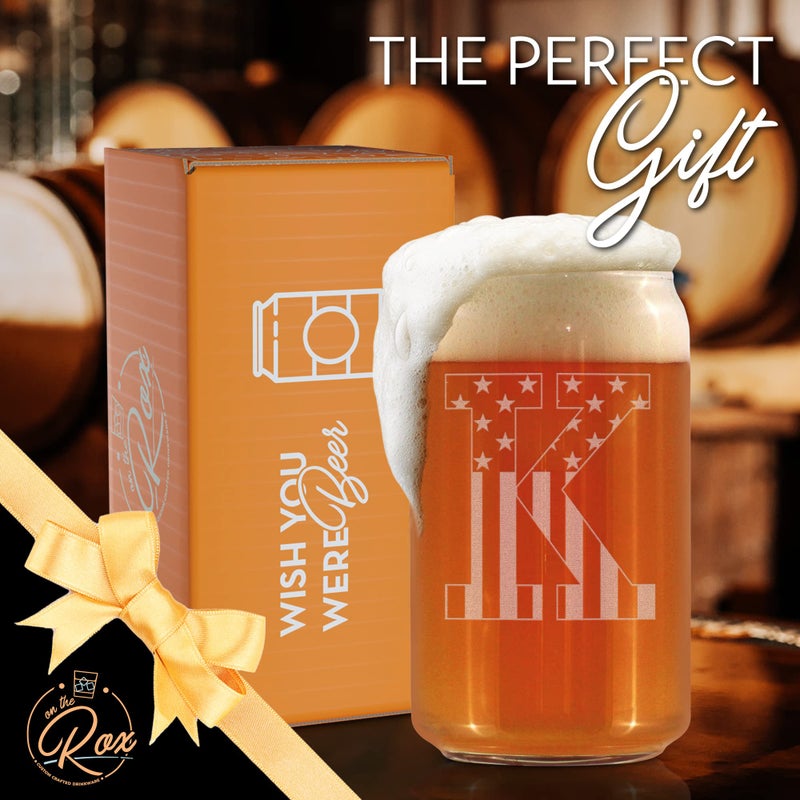 On The Rox Monogram Beer Glasses for Men (A-Z) 16 oz - Beer Gifts for Men Brother Son Dad Neighbor - Unique Gifts for Him - Personalized Drinking Gift Beer Glass Mugs - Engraved Beer Can Glass (K) - Image 3